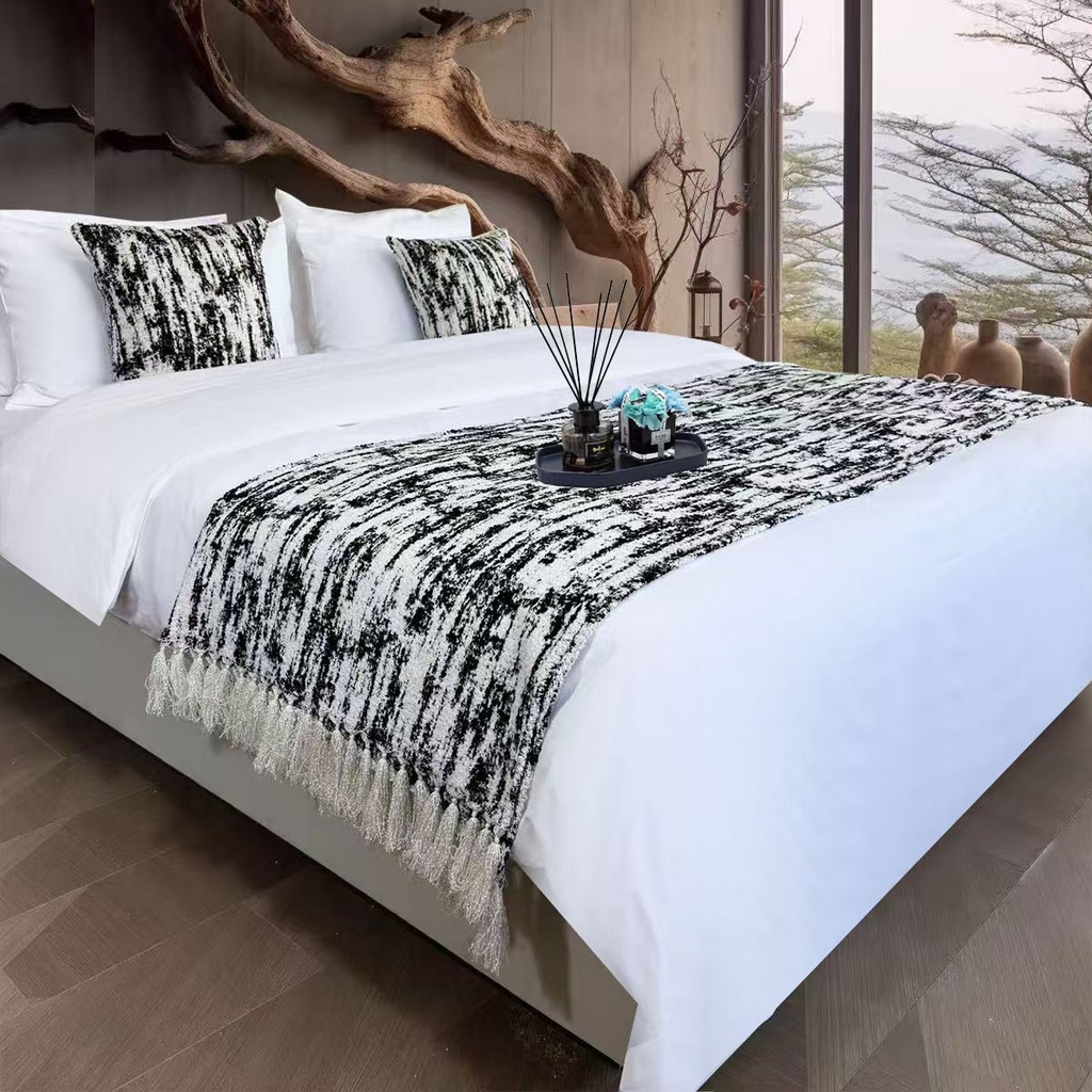 安力森/诚臻酒店用品 2025新款轻奢毛绒卡其色床尾巾高级酒店床旗简约诧寂风搭巾民宿床尾毯搭毯 轻奢抽象刷纹深灰