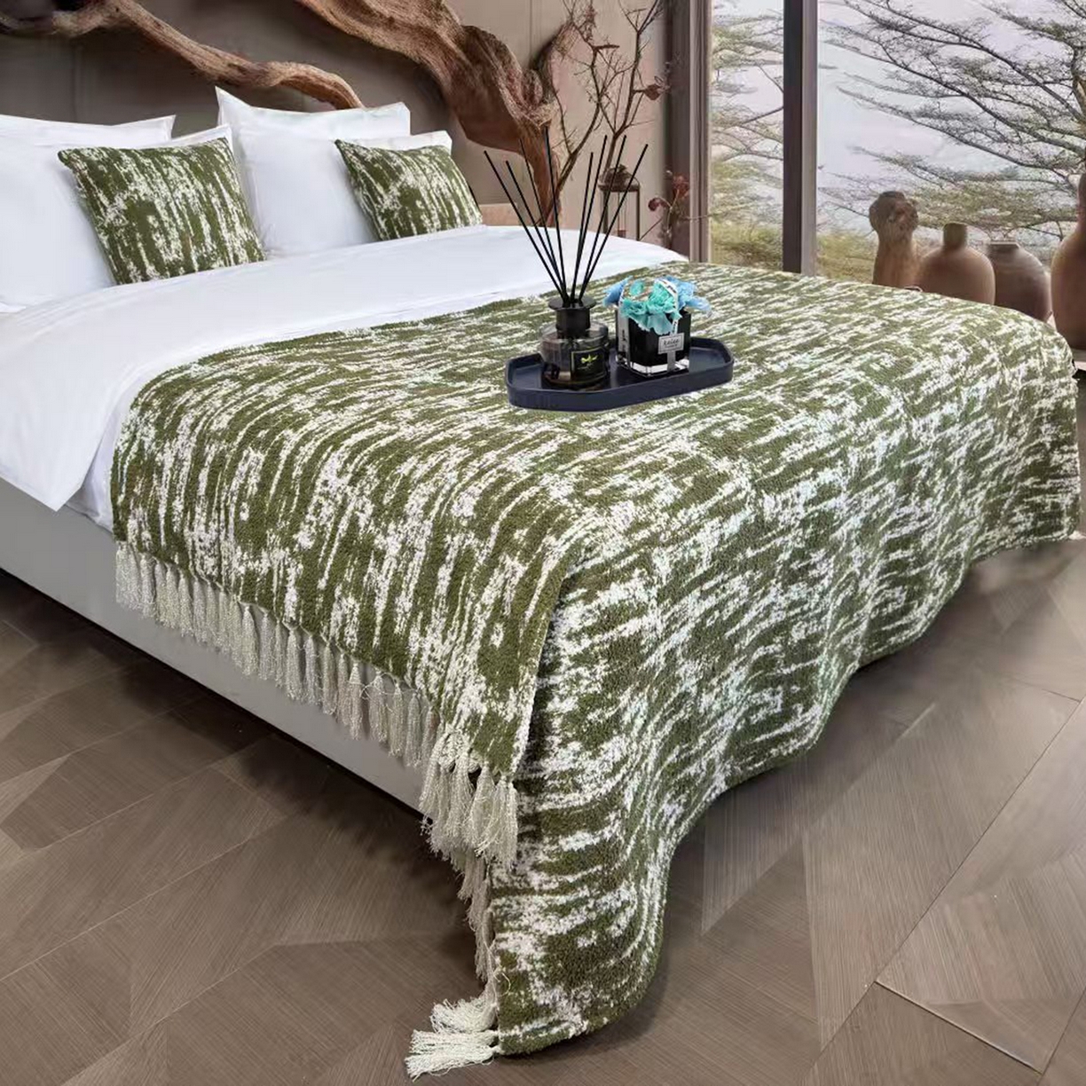 91家纺网 家纺一手货源 找家纺 安力森/诚臻酒店用品 2025新款轻奢毛绒卡其色床尾巾高级酒店床旗简约诧寂风搭巾民宿床尾毯搭毯 轻奢抽象刷纹绿色