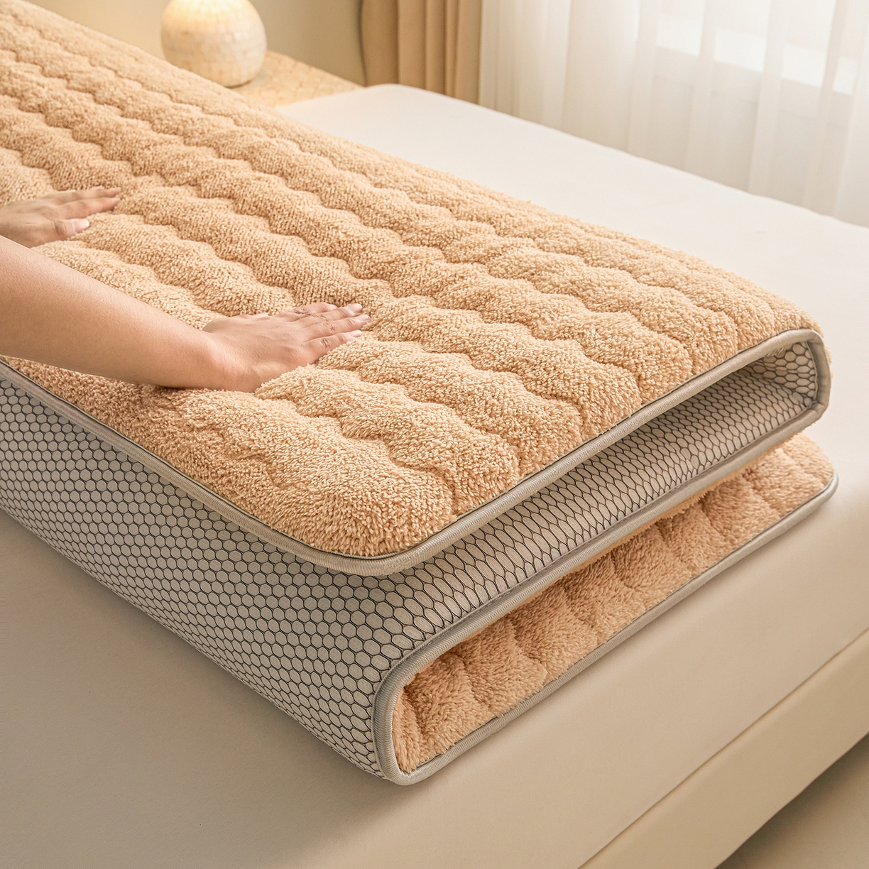 91家纺网 家纺一手货源 找家纺 缦吉 2025新款加厚羊羔绒床垫床褥-成人款 驼色