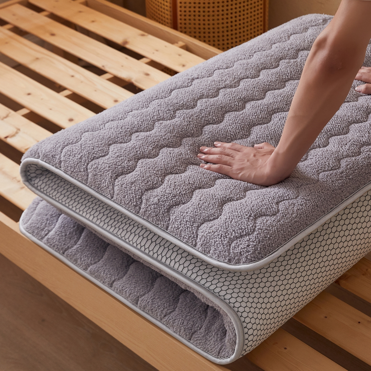 91家纺网 家纺一手货源 找家纺 缦吉 2025新款加厚羊羔绒床垫床褥-学生款 灰色