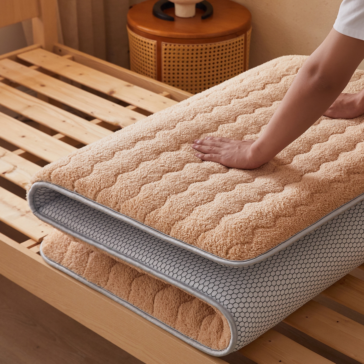 91家纺网 家纺一手货源 找家纺 缦吉 2025新款加厚羊羔绒床垫床褥-学生款 驼色