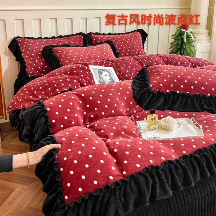 91家纺网 家纺一手货源 找家纺 （总）尚美 2025新款法式复古风大花边绒床盖被套四件套（花边随机）