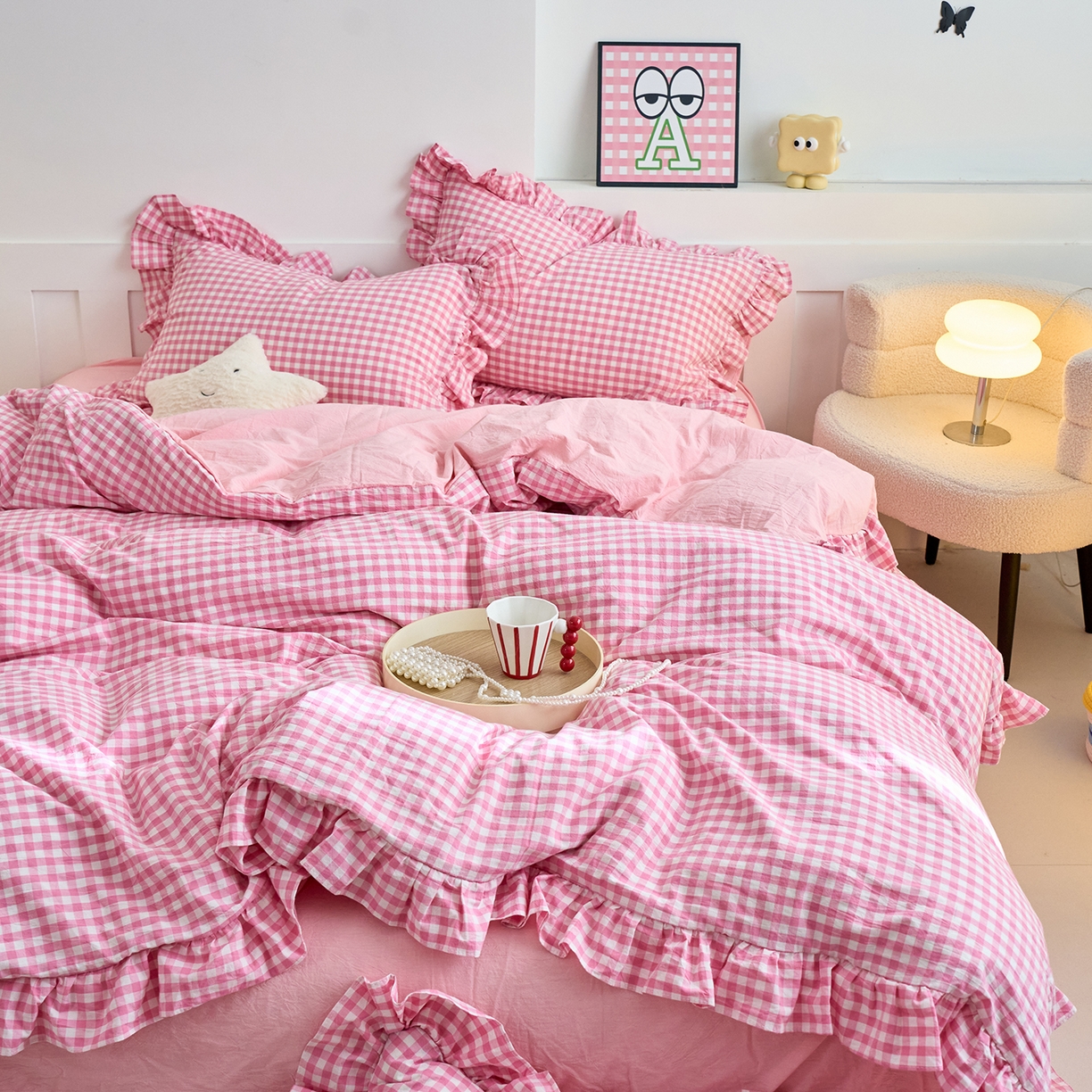 91家纺网 家纺一手货源 找家纺 珂博家纺 2025新款韩版花边四件套纯棉全棉水洗棉四件套 粉小格