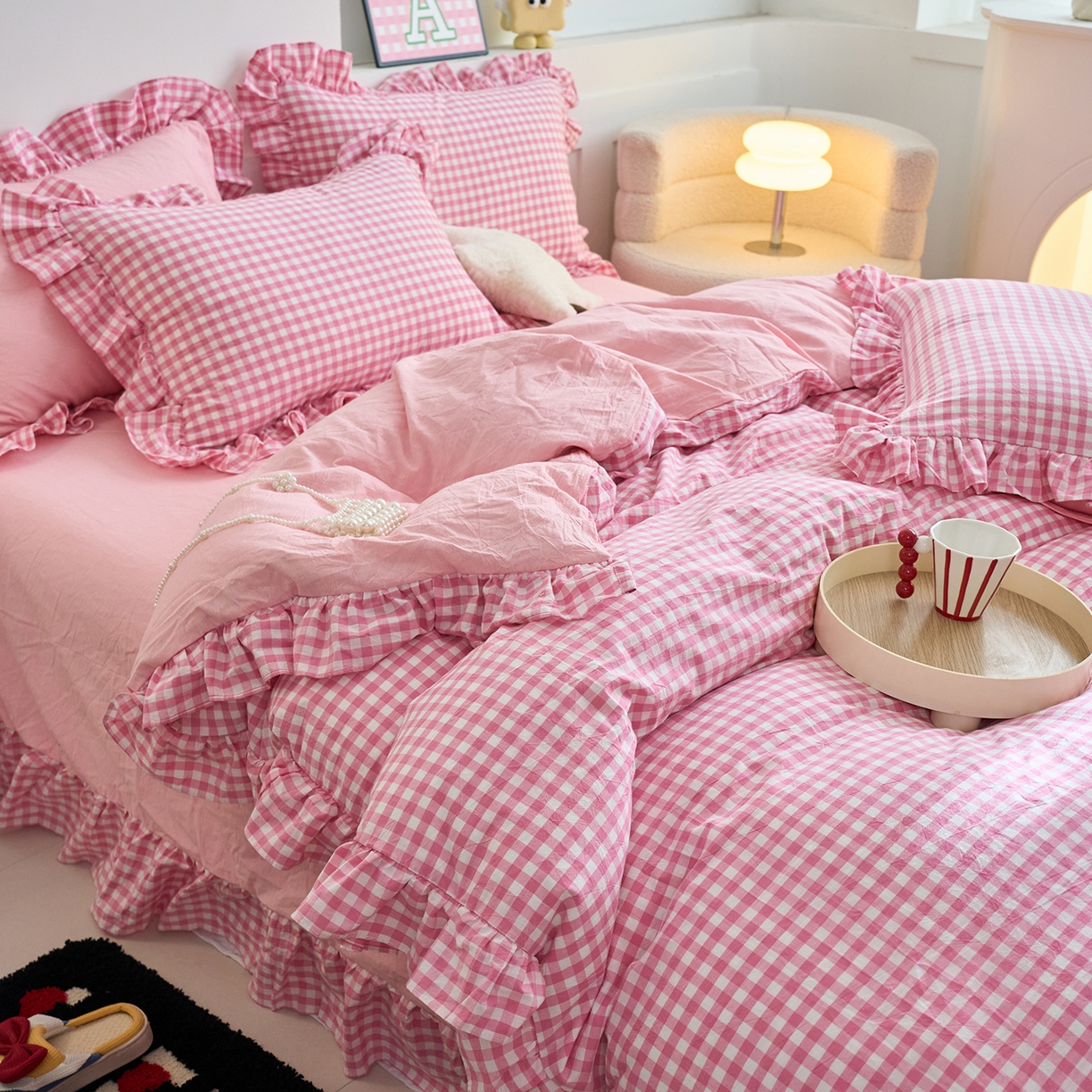 91家纺网 家纺一手货源 找家纺 珂博家纺 2025新款韩版花边四件套纯棉全棉水洗棉四件套 粉小格