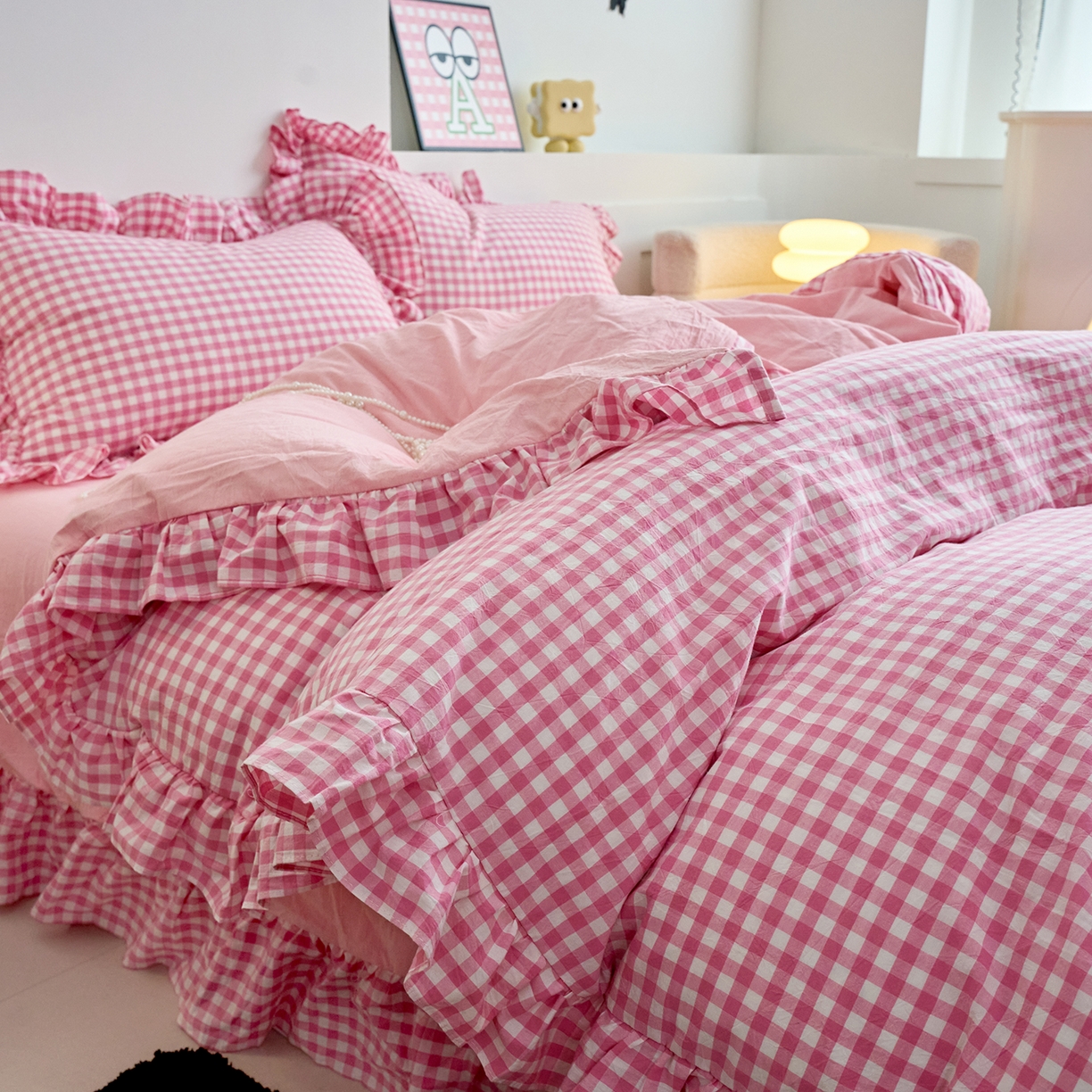 91家纺网 家纺一手货源 找家纺 珂博家纺 2025新款韩版花边四件套纯棉全棉水洗棉四件套 粉小格