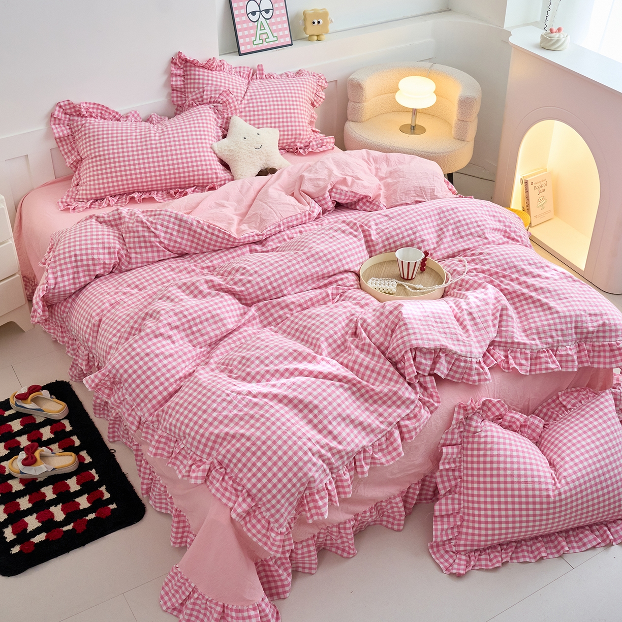 91家纺网 家纺一手货源 找家纺 珂博家纺 2025新款韩版花边四件套纯棉全棉水洗棉四件套 粉小格