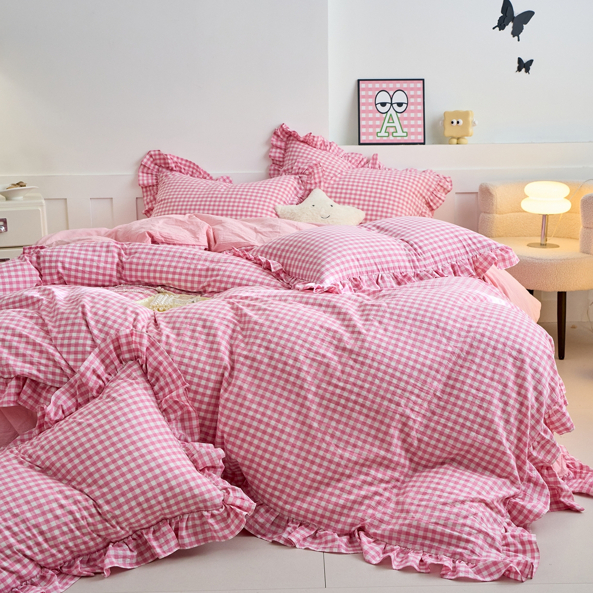 91家纺网 家纺一手货源 找家纺 珂博家纺 2025新款韩版花边四件套纯棉全棉水洗棉四件套 粉小格