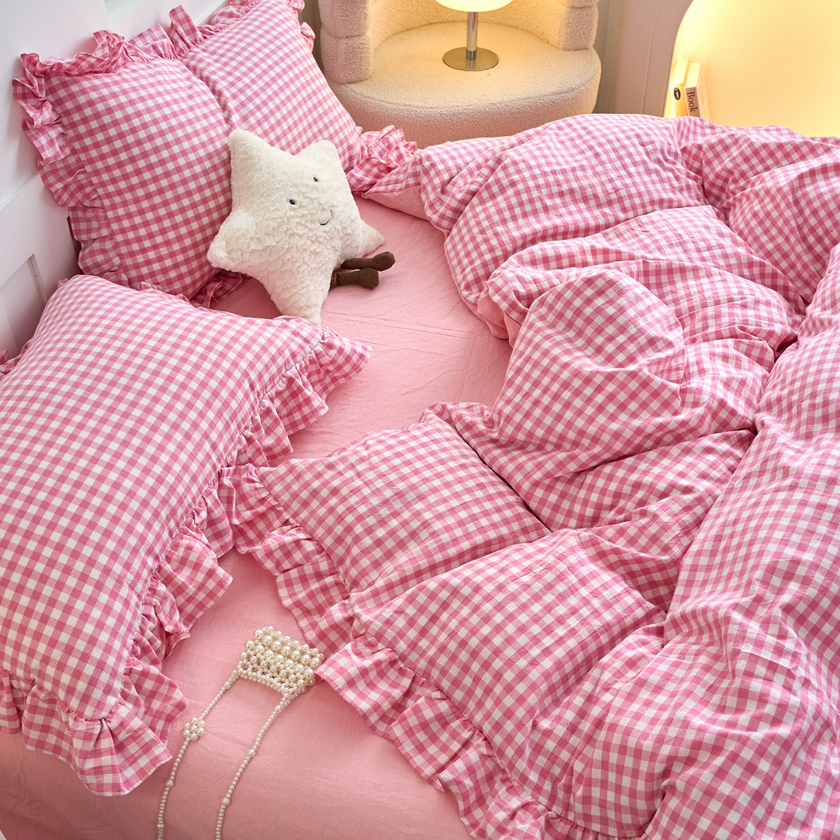 91家纺网 家纺一手货源 找家纺 珂博家纺 2025新款韩版花边四件套纯棉全棉水洗棉四件套 粉小格