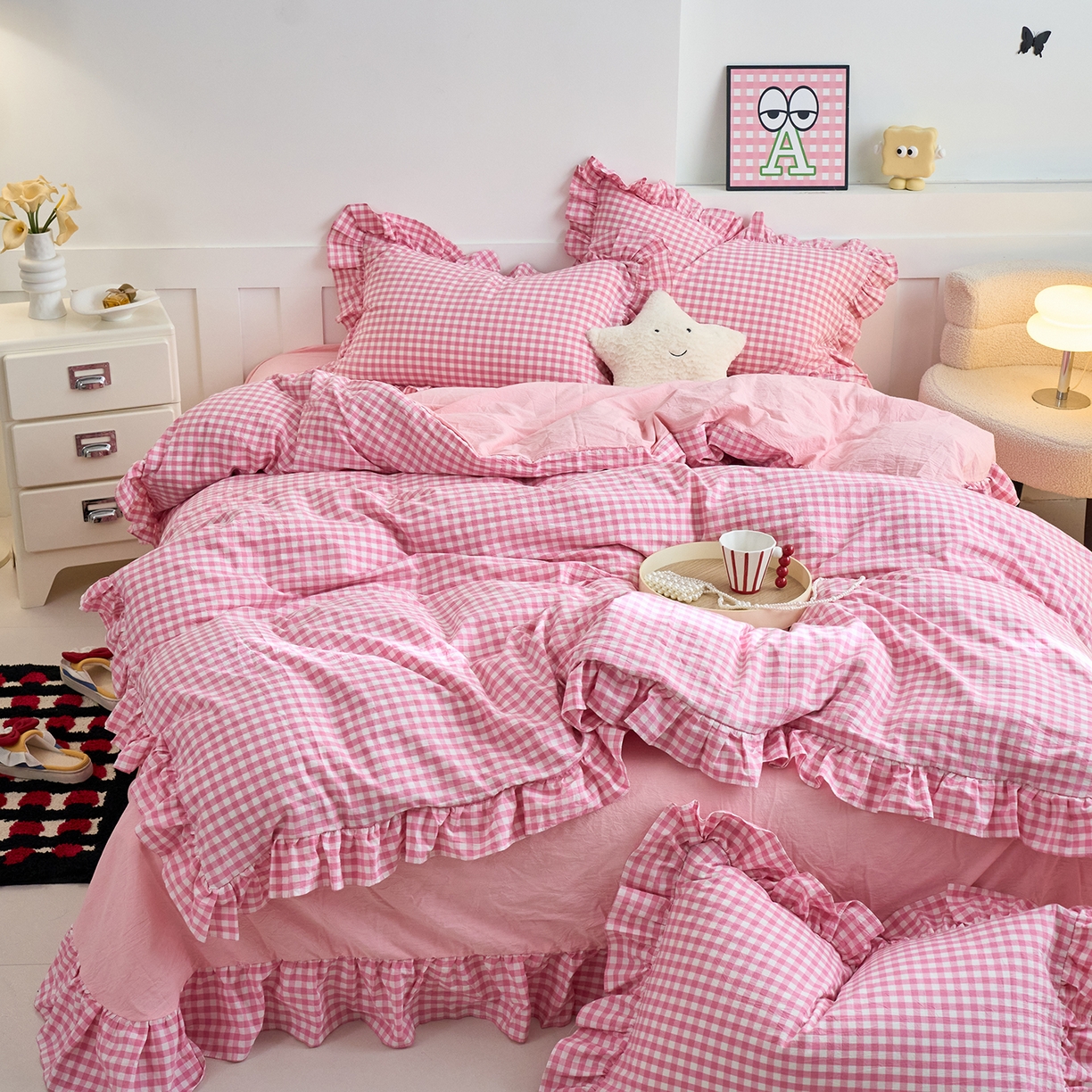 91家纺网 家纺一手货源 找家纺 珂博家纺 2025新款韩版花边四件套纯棉全棉水洗棉四件套 粉小格