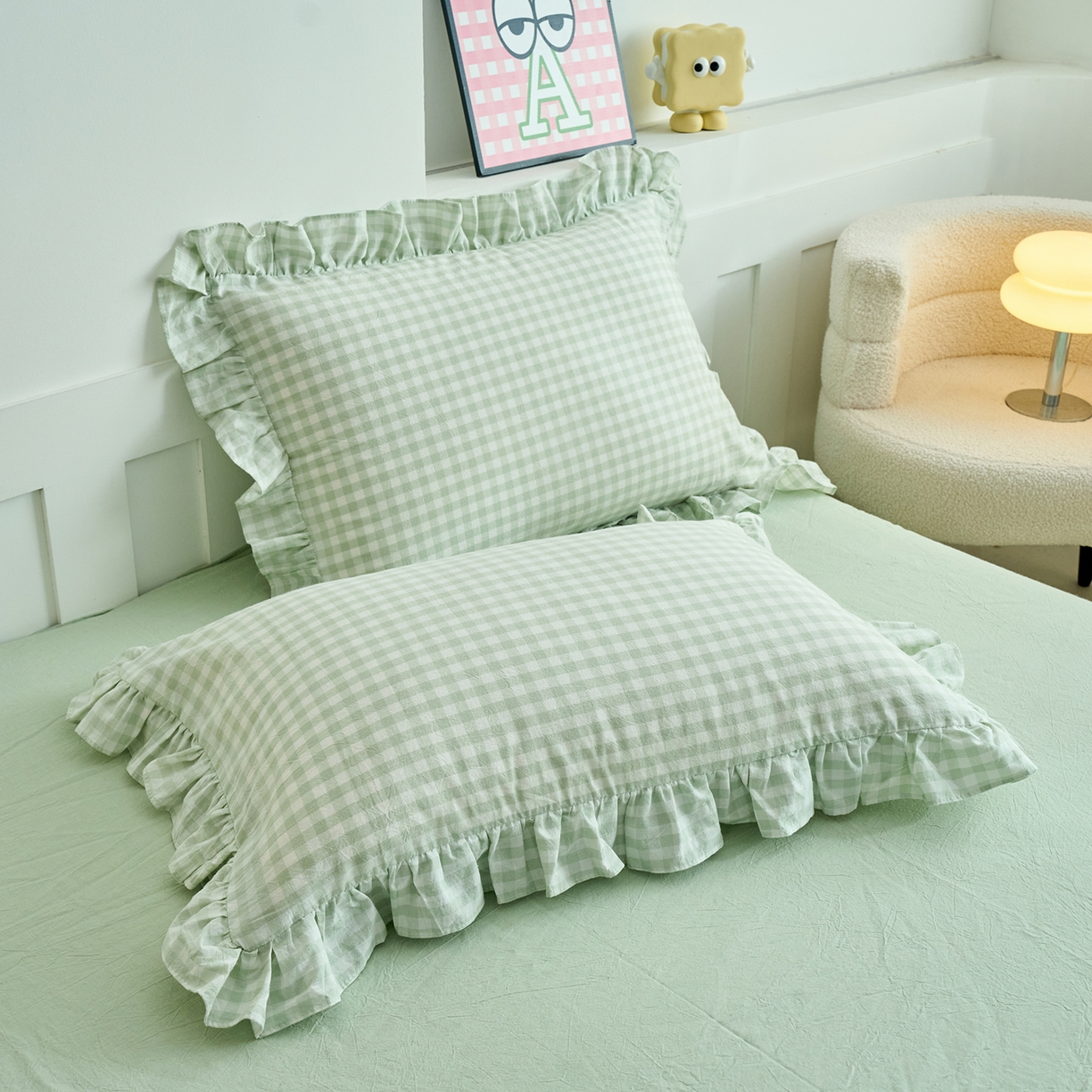 91家纺网 家纺一手货源 找家纺 珂博家纺 2025新款韩版花边四件套纯棉全棉水洗棉四件套 浅绿小格