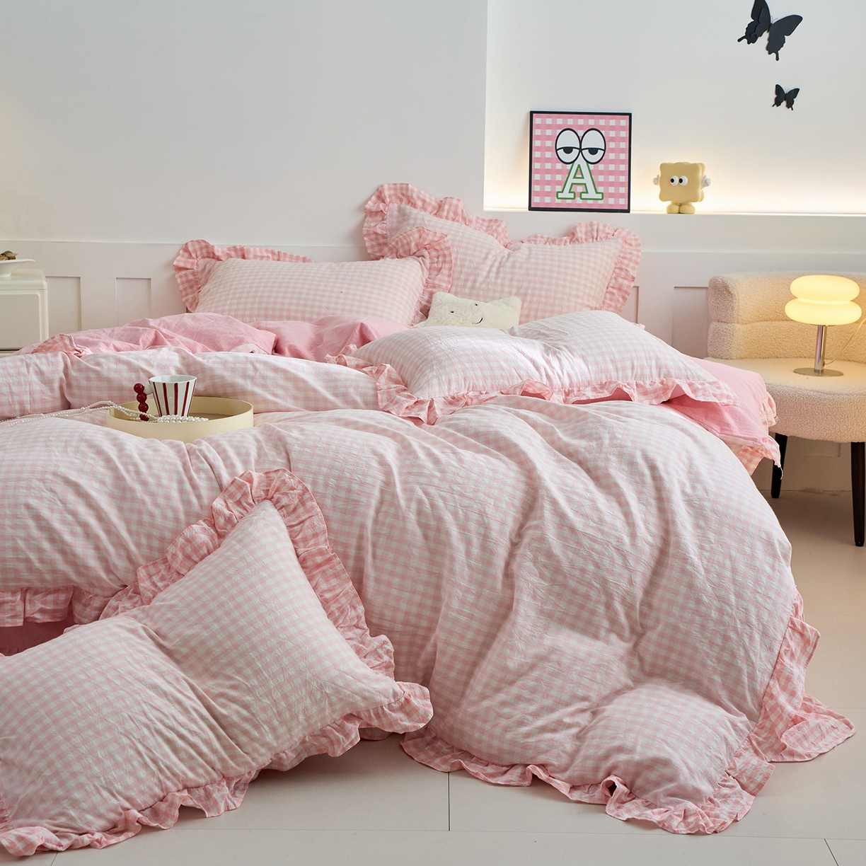 91家纺网 家纺一手货源 找家纺 珂博家纺 2025新款韩版花边四件套纯棉全棉水洗棉四件套 浅粉小格