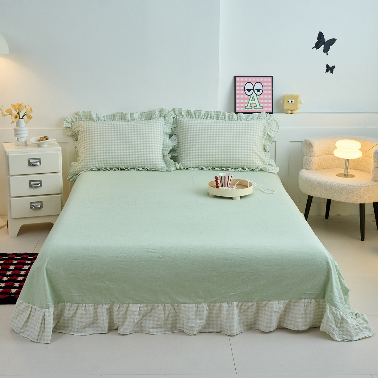 91家纺网 家纺一手货源 找家纺 珂博家纺 2025新款韩版花边四件套纯棉全棉水洗棉四件套 浅绿小格