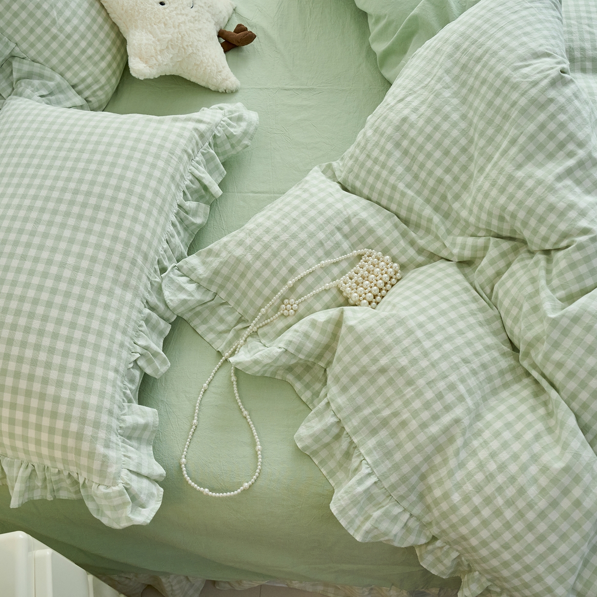 91家纺网 家纺一手货源 找家纺 珂博家纺 2025新款韩版花边四件套纯棉全棉水洗棉四件套 浅绿小格