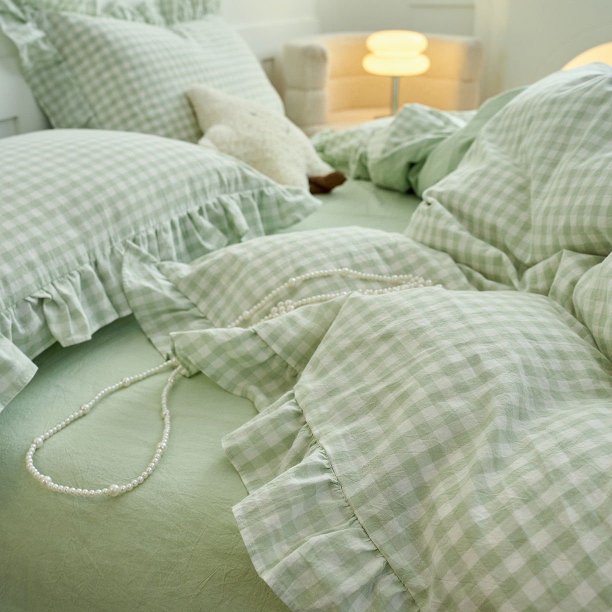 91家纺网 家纺一手货源 找家纺 珂博家纺 2025新款韩版花边四件套纯棉全棉水洗棉四件套 浅绿小格