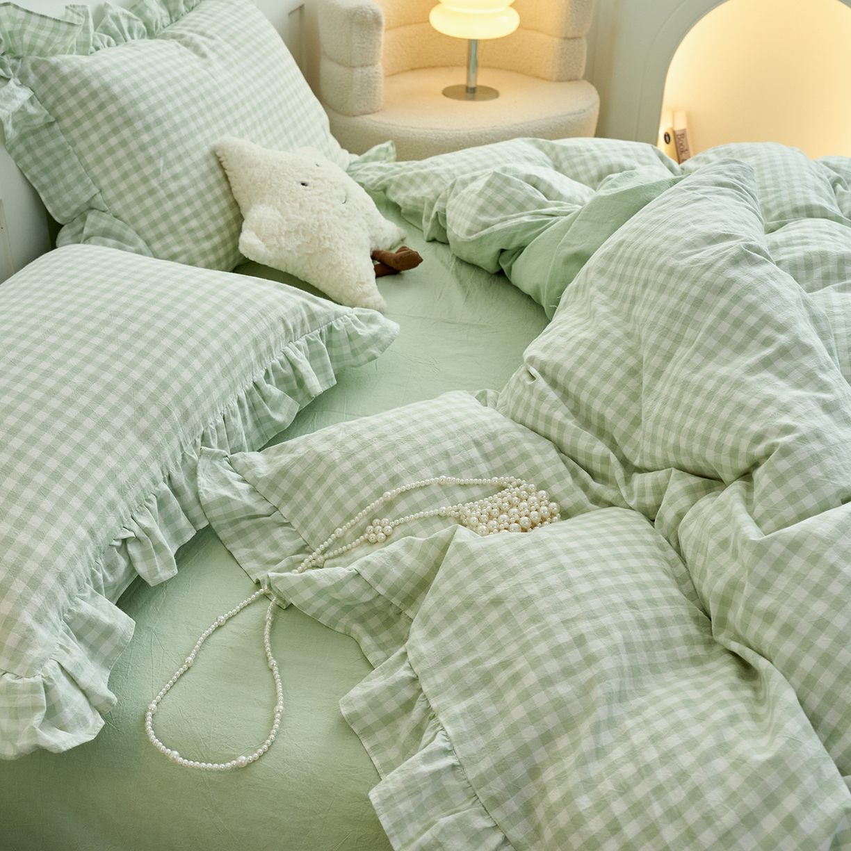 91家纺网 家纺一手货源 找家纺 珂博家纺 2025新款韩版花边四件套纯棉全棉水洗棉四件套 浅绿小格