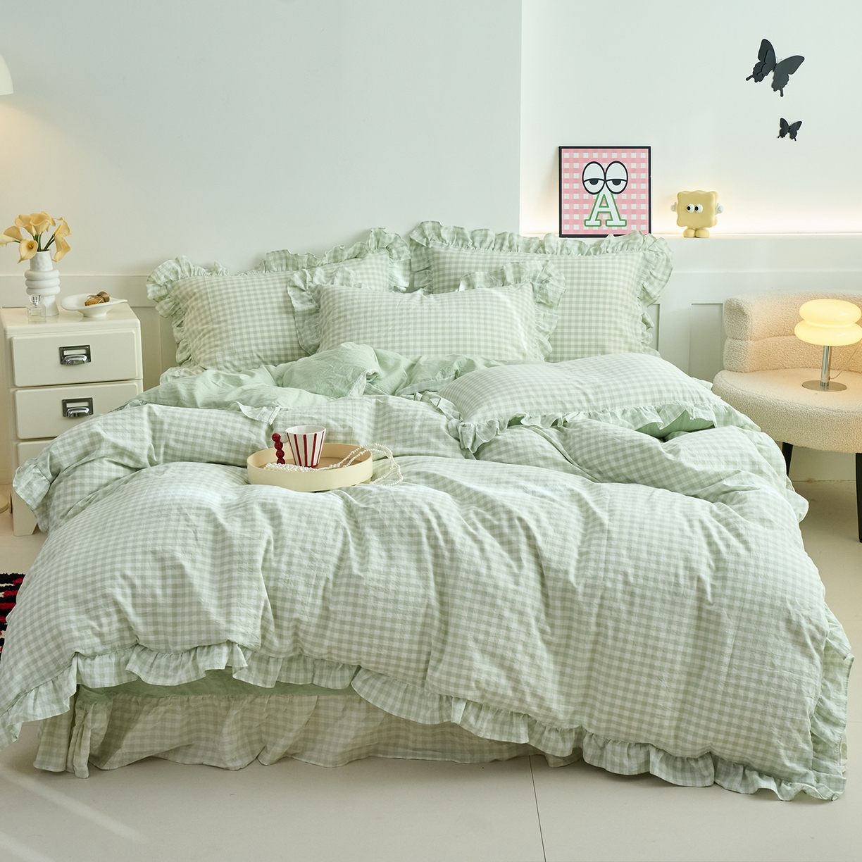 91家纺网 家纺一手货源 找家纺 珂博家纺 2025新款韩版花边四件套纯棉全棉水洗棉四件套 浅绿小格