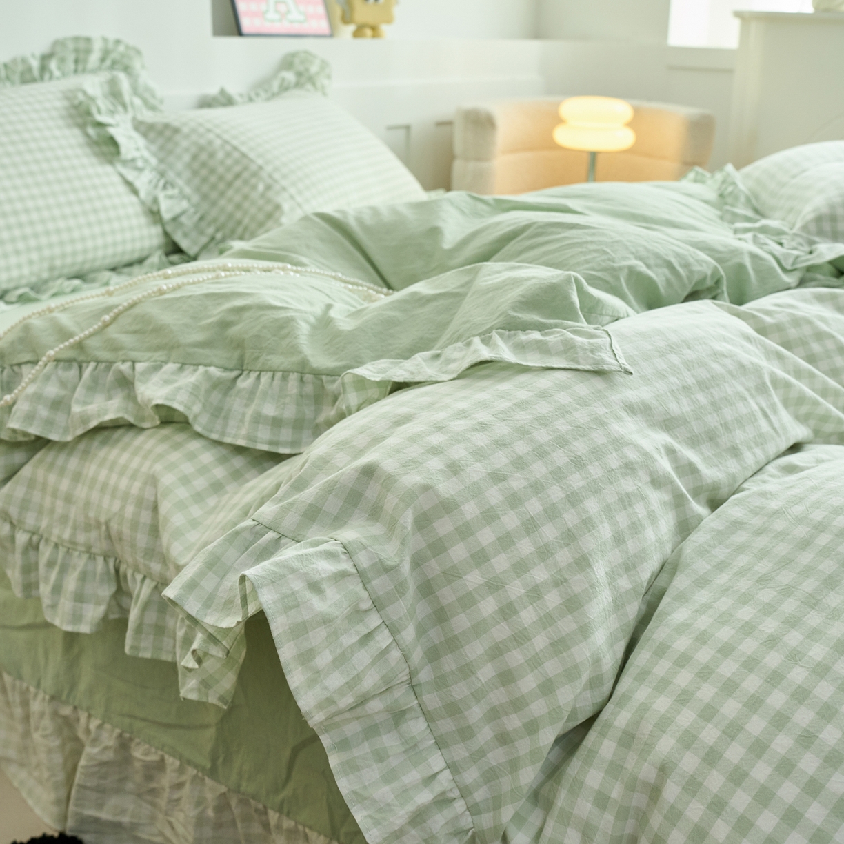 91家纺网 家纺一手货源 找家纺 珂博家纺 2025新款韩版花边四件套纯棉全棉水洗棉四件套 浅绿小格