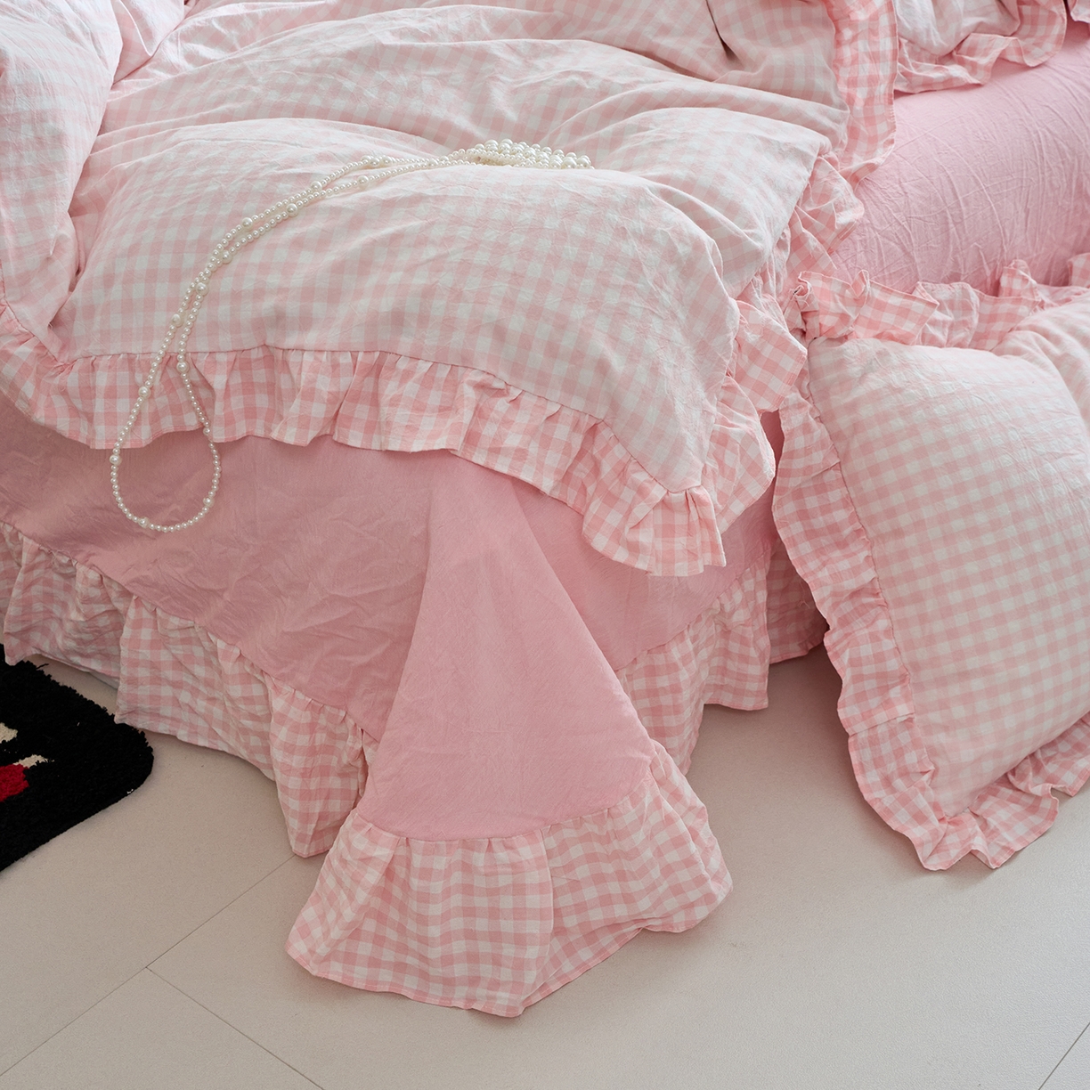 91家纺网 家纺一手货源 找家纺 珂博家纺 2025新款韩版花边四件套纯棉全棉水洗棉四件套 浅粉小格