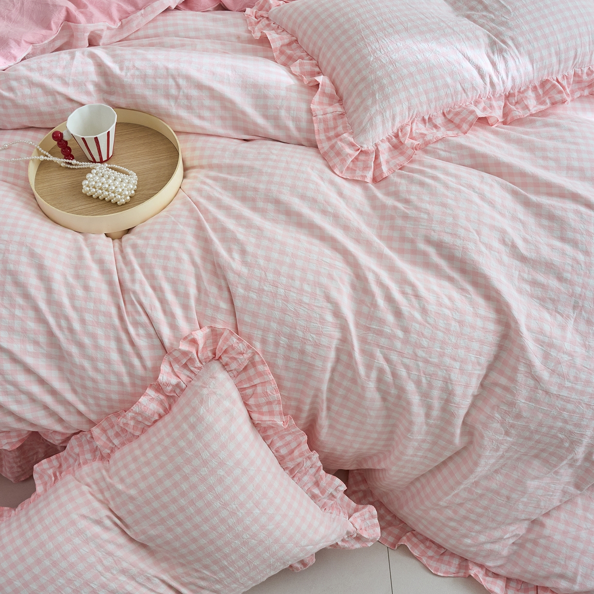 91家纺网 家纺一手货源 找家纺 珂博家纺 2025新款韩版花边四件套纯棉全棉水洗棉四件套 浅粉小格