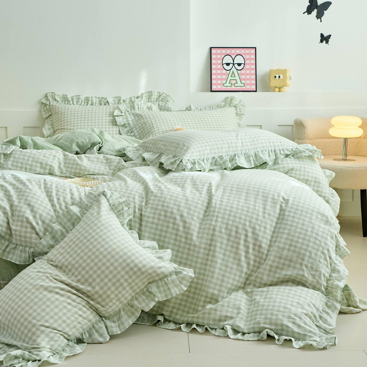 91家纺网 家纺一手货源 找家纺 珂博家纺 2025新款韩版花边四件套纯棉全棉水洗棉四件套 浅绿小格