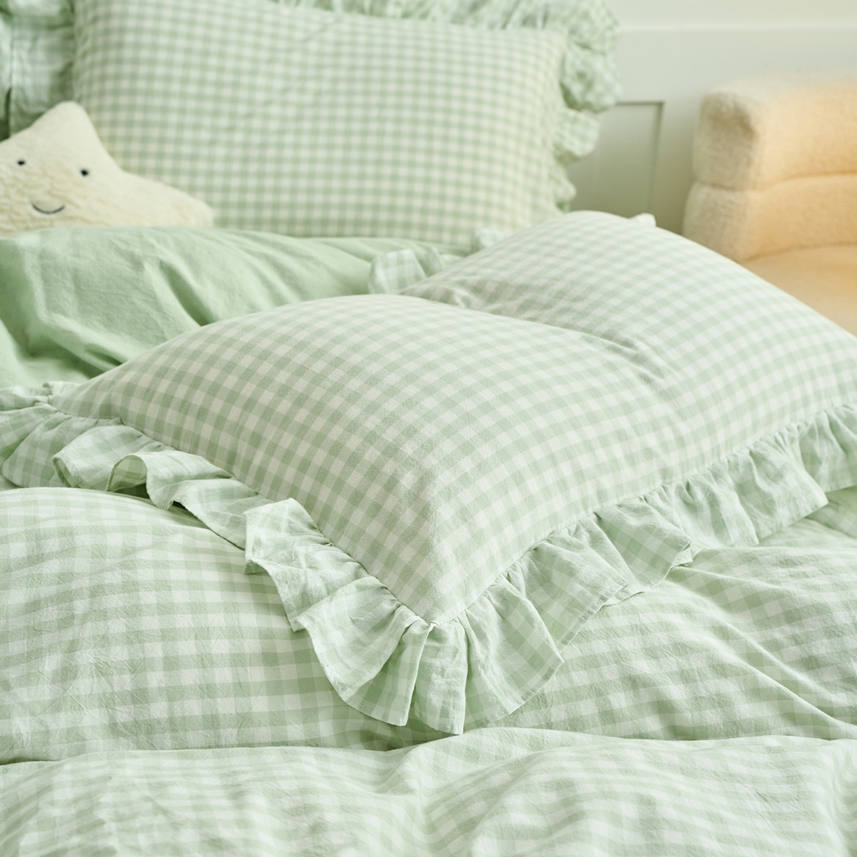 91家纺网 家纺一手货源 找家纺 珂博家纺 2025新款韩版花边四件套纯棉全棉水洗棉四件套 浅绿小格