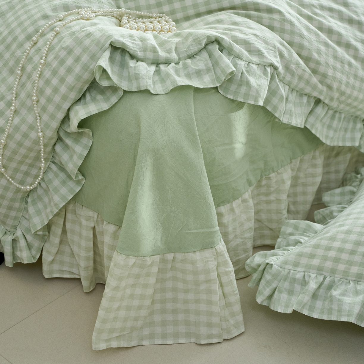 91家纺网 家纺一手货源 找家纺 珂博家纺 2025新款韩版花边四件套纯棉全棉水洗棉四件套 浅绿小格