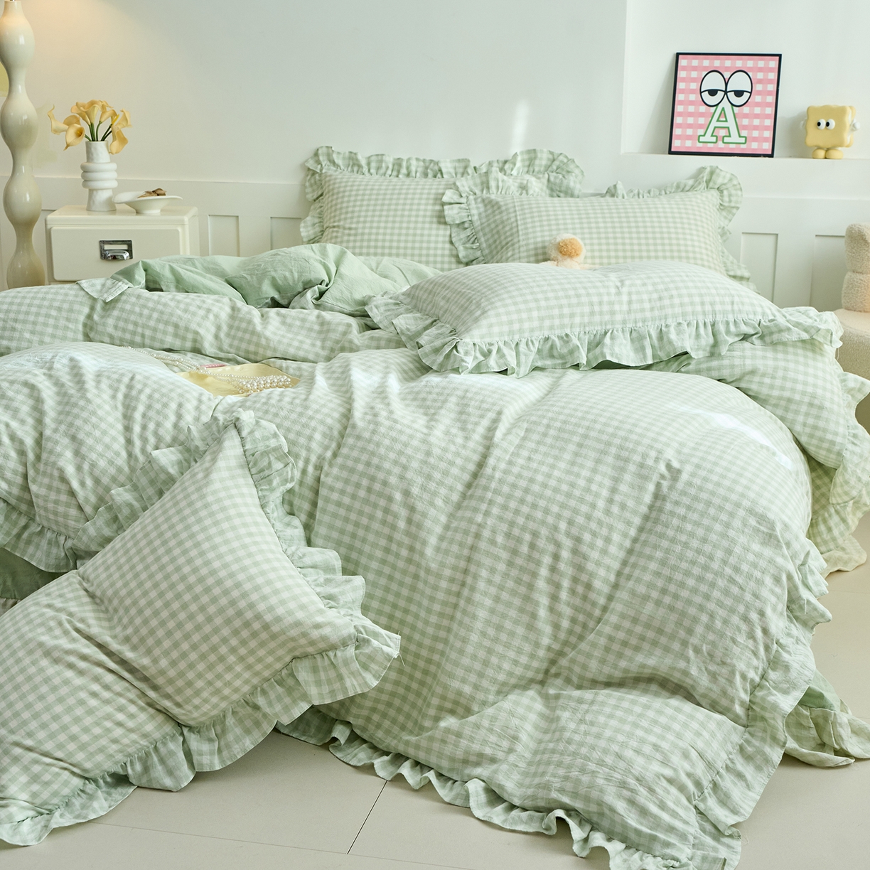 91家纺网 家纺一手货源 找家纺 珂博家纺 2025新款韩版花边四件套纯棉全棉水洗棉四件套 浅绿小格