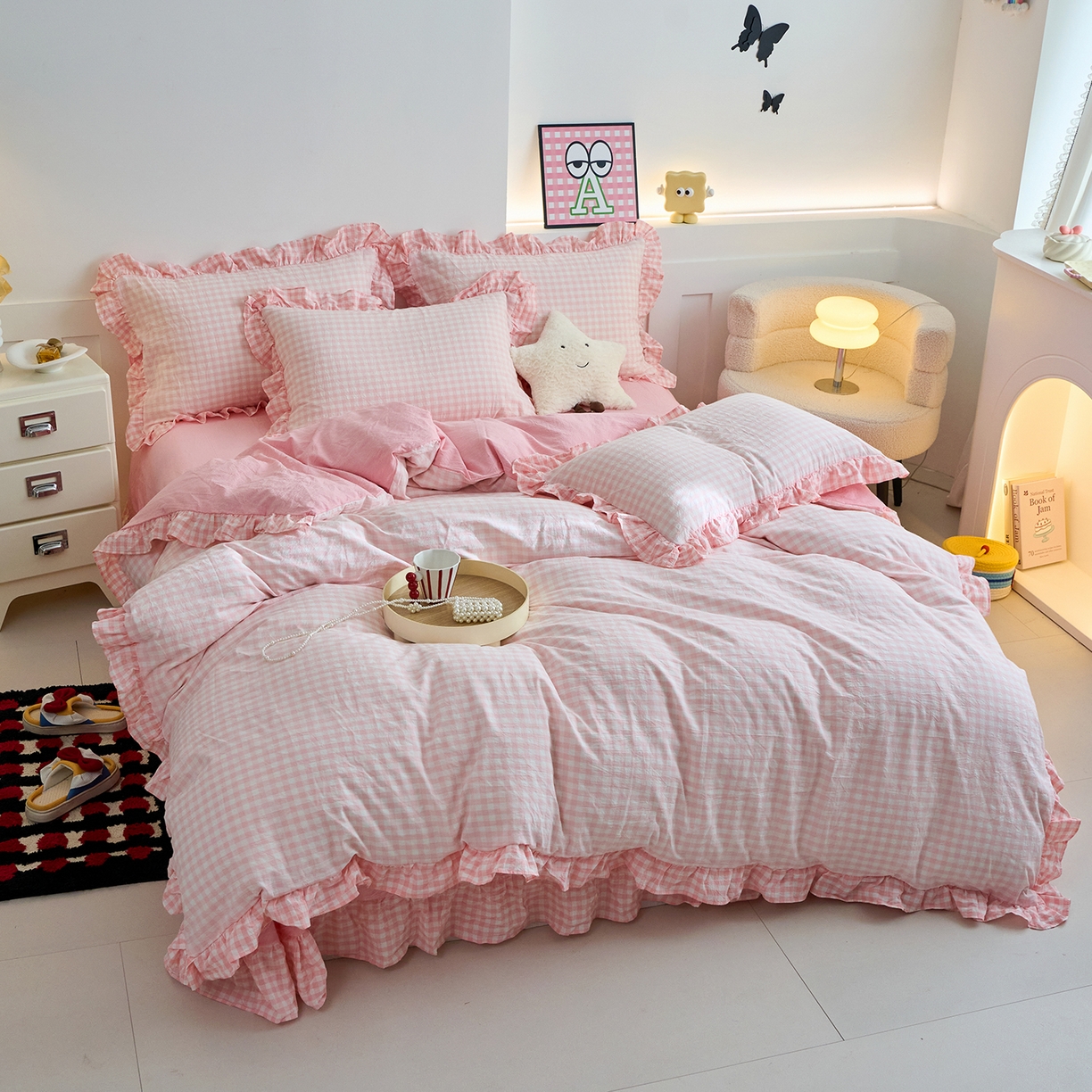 91家纺网 家纺一手货源 找家纺 珂博家纺 2025新款韩版花边四件套纯棉全棉水洗棉四件套 浅粉小格