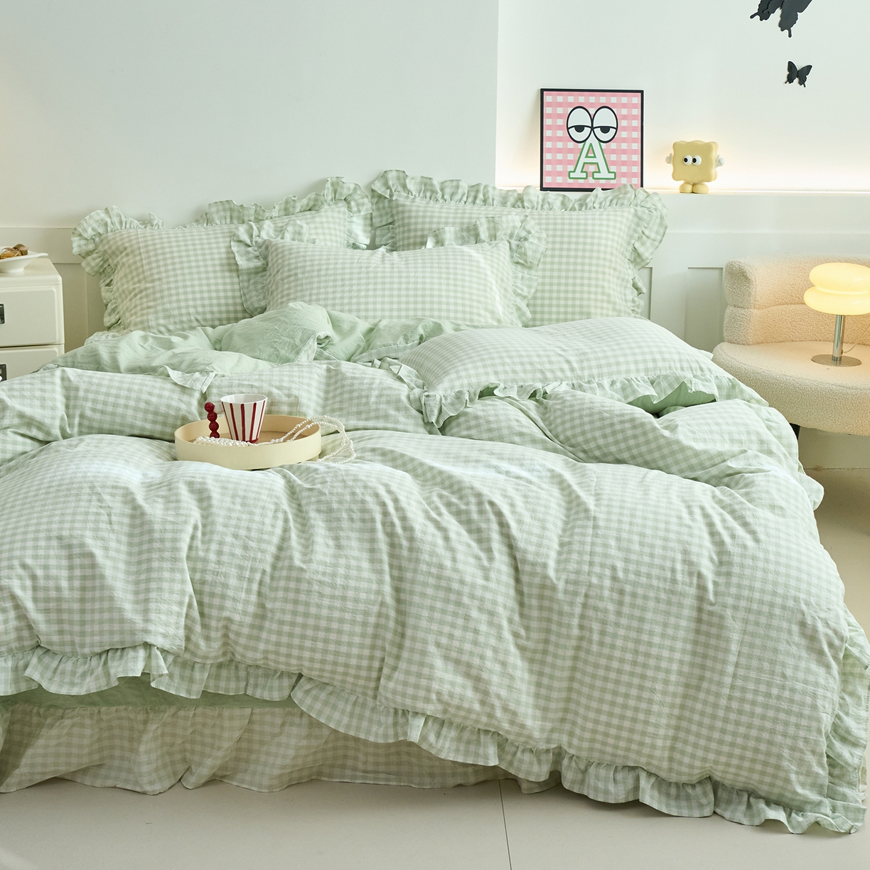 91家纺网 家纺一手货源 找家纺 珂博家纺 2025新款韩版花边四件套纯棉全棉水洗棉四件套 浅绿小格