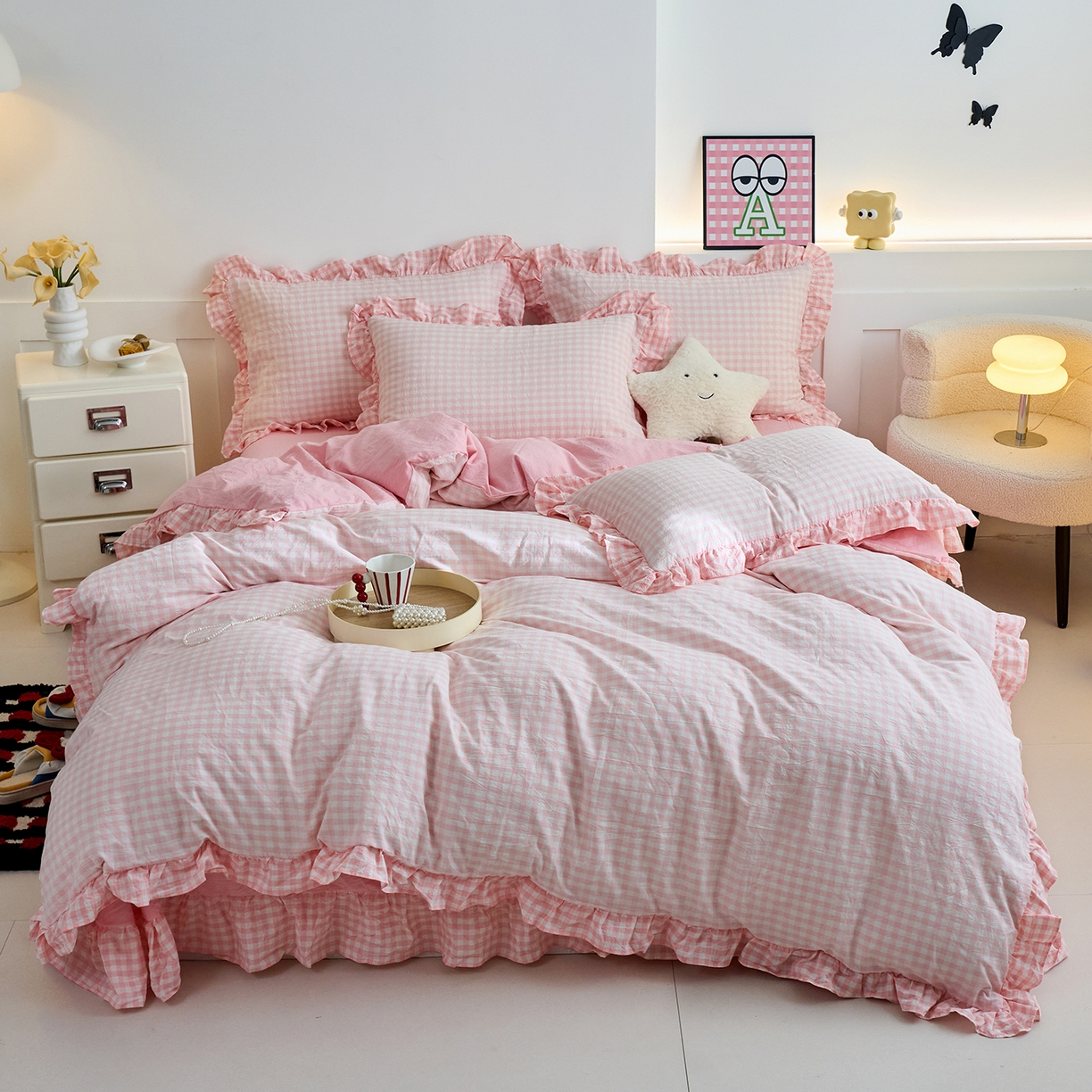 91家纺网 家纺一手货源 找家纺 珂博家纺 2025新款韩版花边四件套纯棉全棉水洗棉四件套 浅粉小格