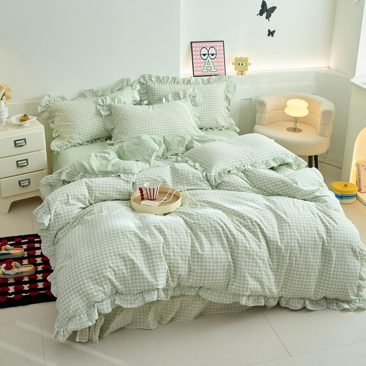 91家纺网 家纺一手货源 找家纺 珂博家纺 2025新款韩版花边四件套纯棉全棉水洗棉四件套 浅绿小格