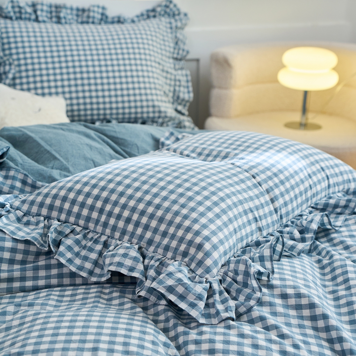 91家纺网 家纺一手货源 找家纺 珂博家纺 2025新款韩版花边四件套纯棉全棉水洗棉四件套 蓝小格