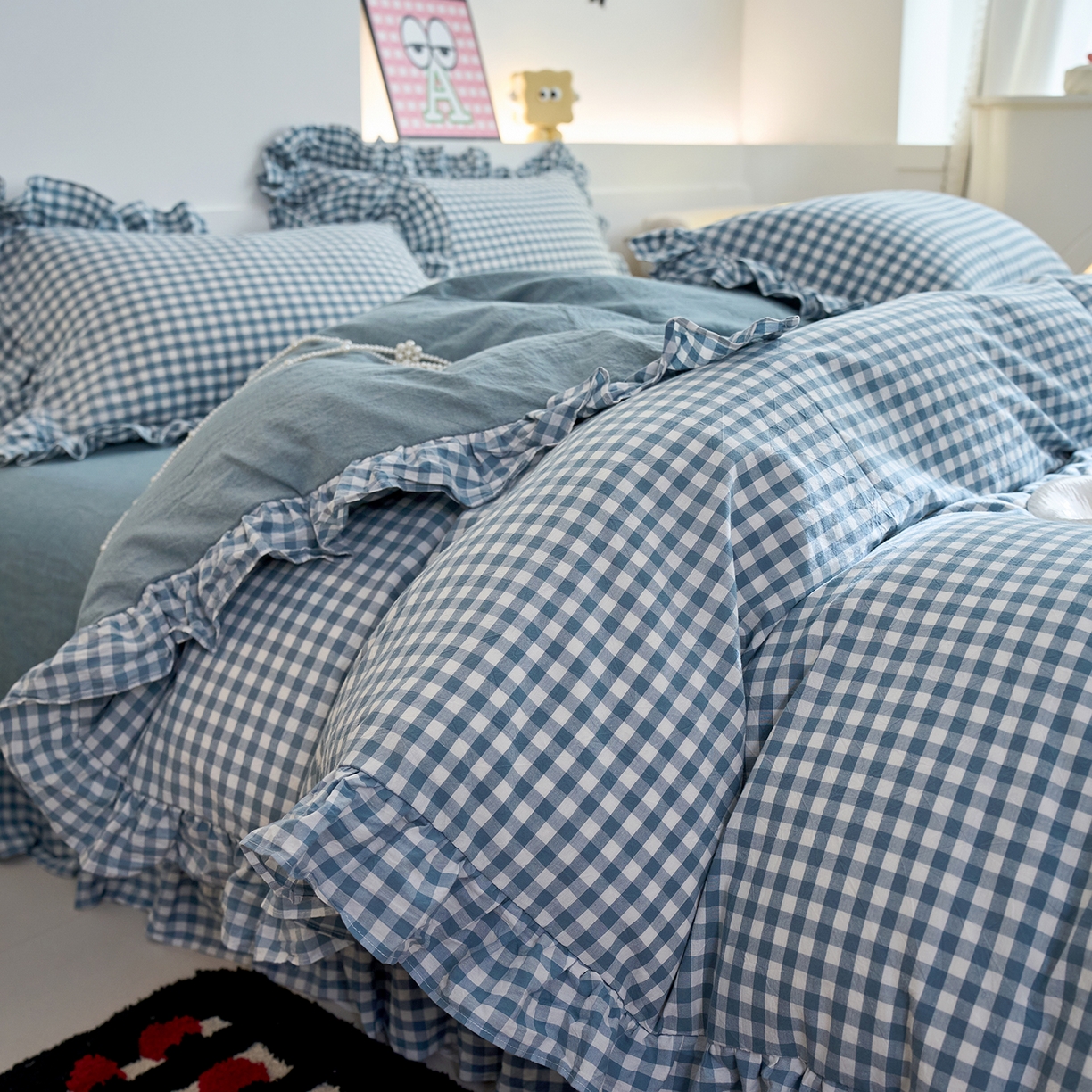 91家纺网 家纺一手货源 找家纺 珂博家纺 2025新款韩版花边四件套纯棉全棉水洗棉四件套 蓝小格