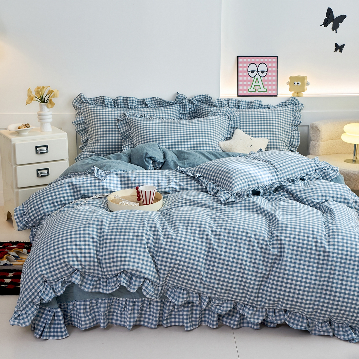 91家纺网 家纺一手货源 找家纺 珂博家纺 2025新款韩版花边四件套纯棉全棉水洗棉四件套 蓝小格