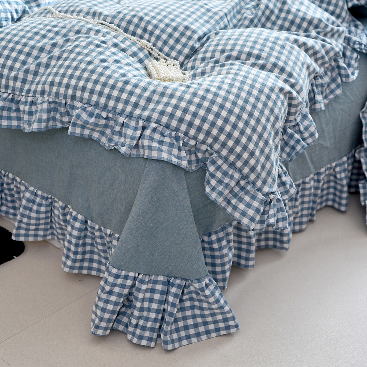 91家纺网 家纺一手货源 找家纺 珂博家纺 2025新款韩版花边四件套纯棉全棉水洗棉四件套 蓝小格