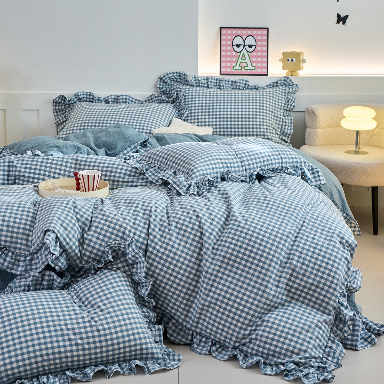 91家纺网 家纺一手货源 找家纺 珂博家纺 2025新款韩版花边四件套纯棉全棉水洗棉四件套 蓝小格