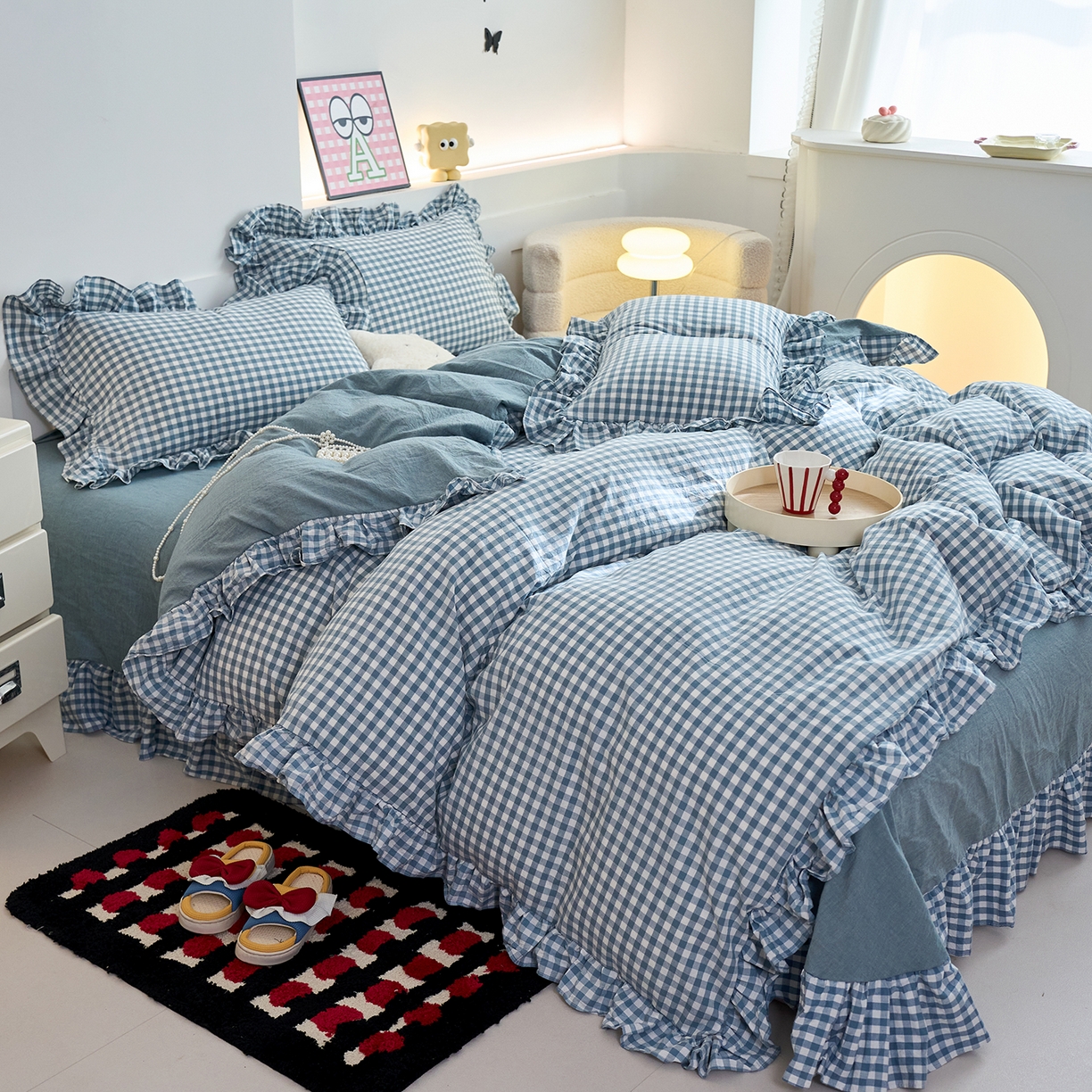 91家纺网 家纺一手货源 找家纺 珂博家纺 2025新款韩版花边四件套纯棉全棉水洗棉四件套 蓝小格