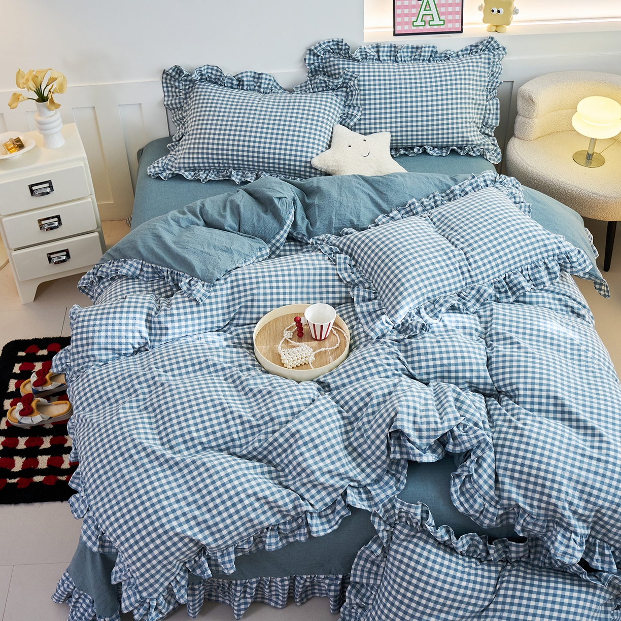 91家纺网 家纺一手货源 找家纺 珂博家纺 2025新款韩版花边四件套纯棉全棉水洗棉四件套 蓝小格