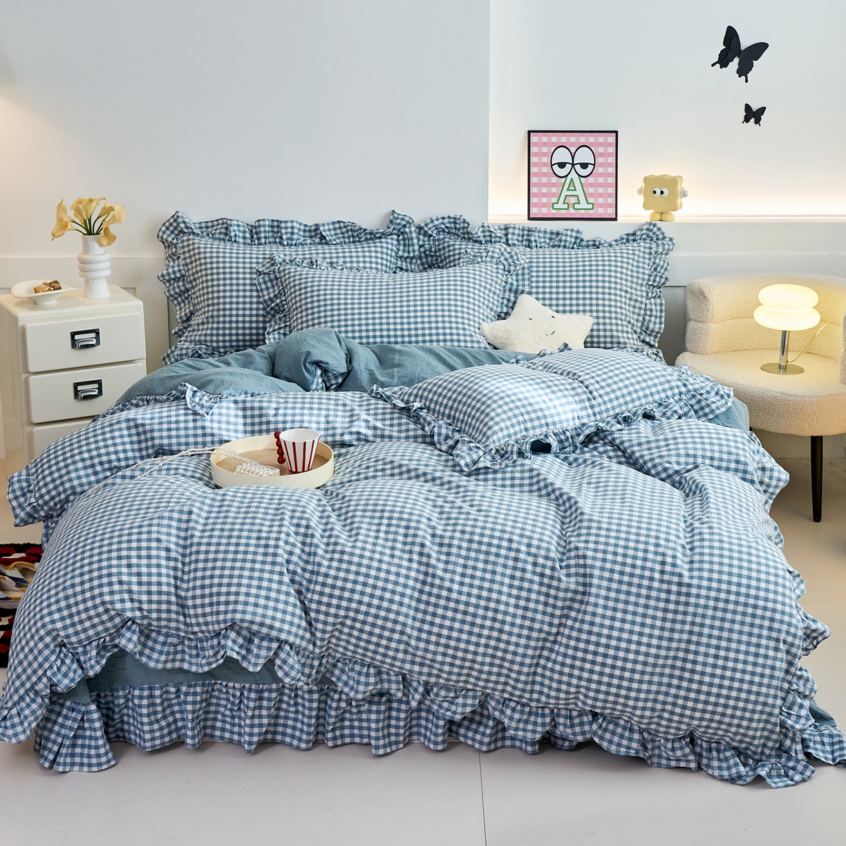 91家纺网 家纺一手货源 找家纺 珂博家纺 2025新款韩版花边四件套纯棉全棉水洗棉四件套 蓝小格