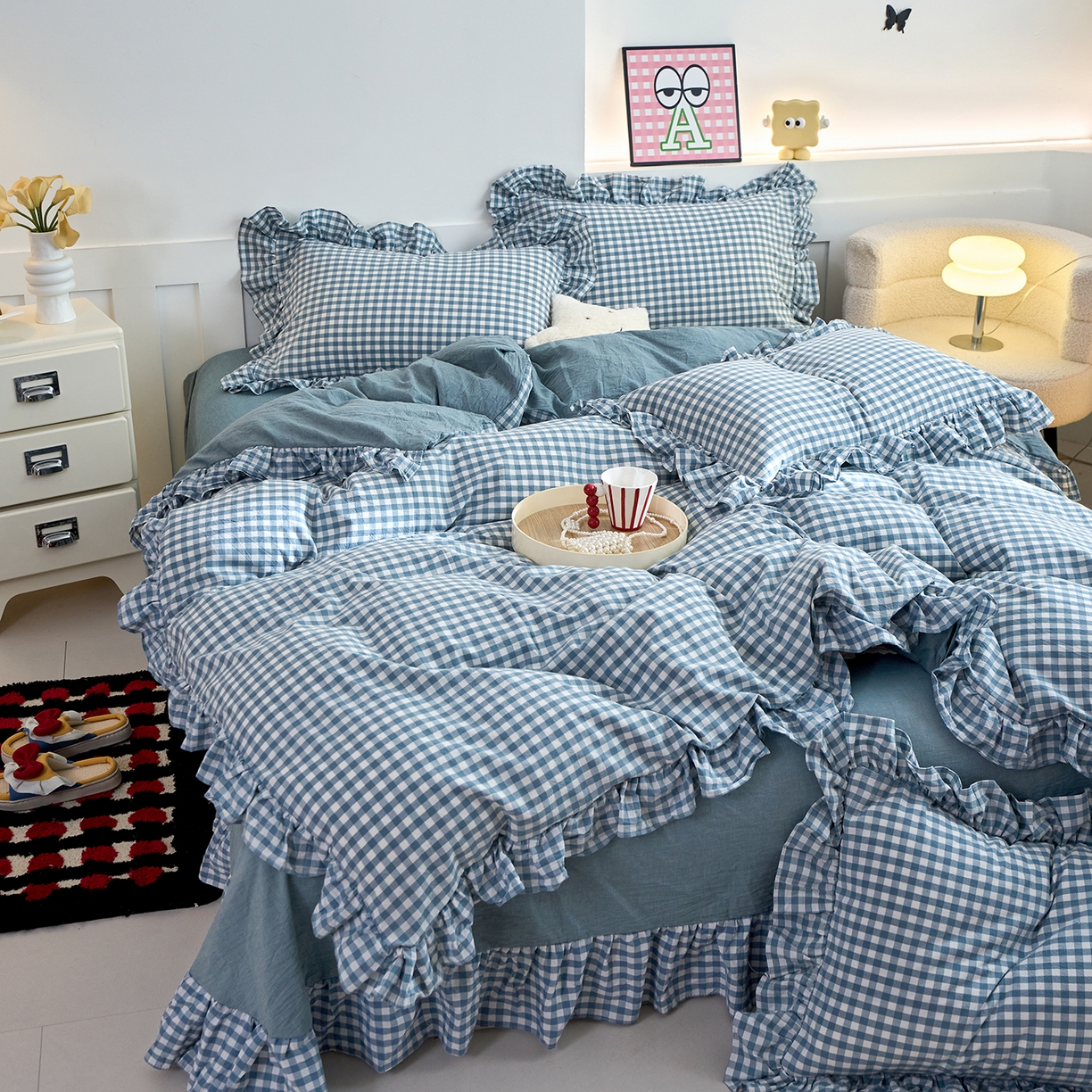 91家纺网 家纺一手货源 找家纺 珂博家纺 2025新款韩版花边四件套纯棉全棉水洗棉四件套 蓝小格