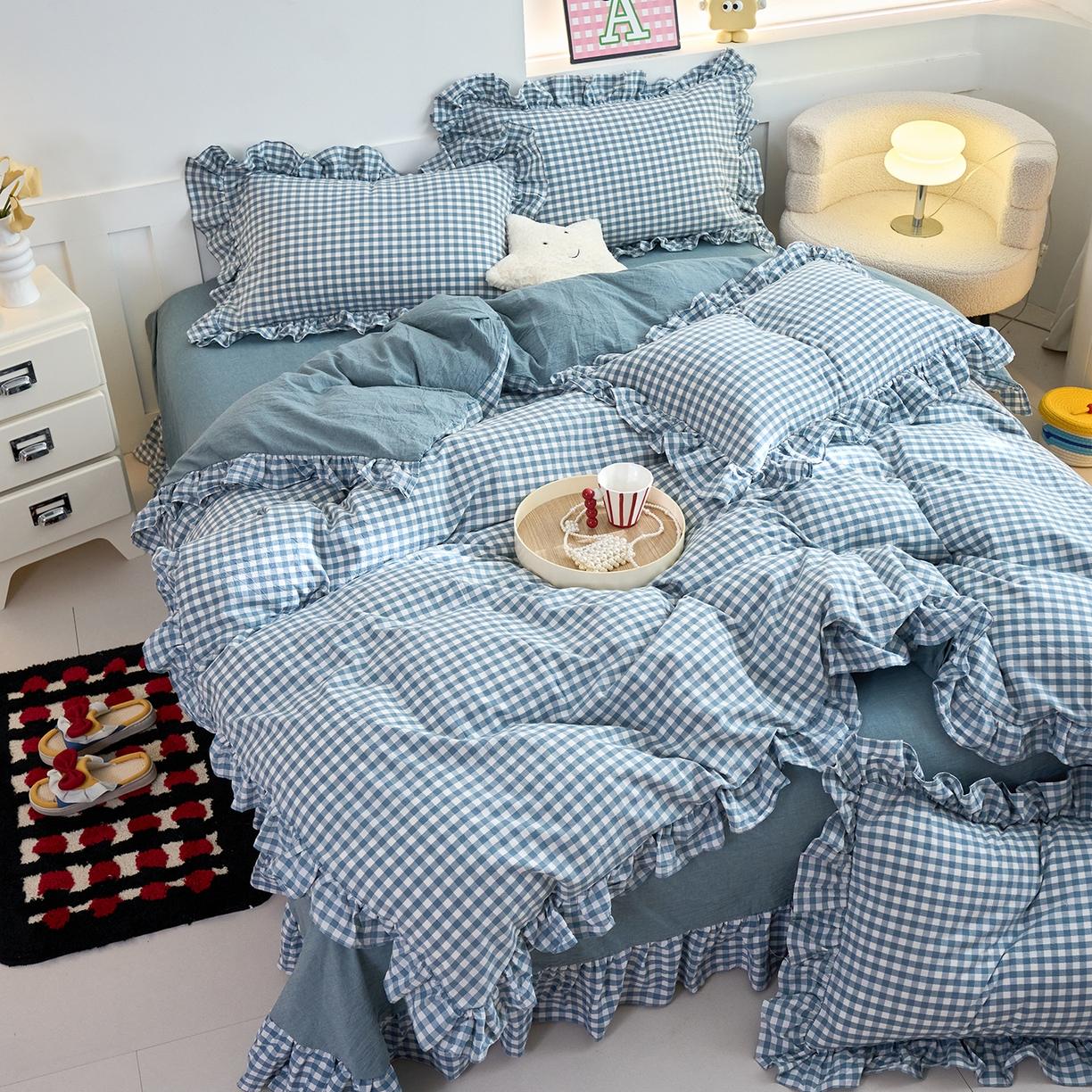 91家纺网 家纺一手货源 找家纺 珂博家纺 2025新款韩版花边四件套纯棉全棉水洗棉四件套 蓝小格