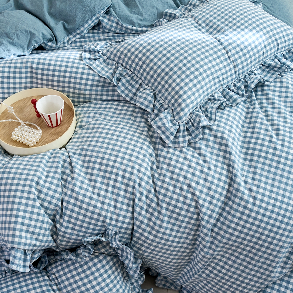 91家纺网 家纺一手货源 找家纺 珂博家纺 2025新款韩版花边四件套纯棉全棉水洗棉四件套 蓝小格