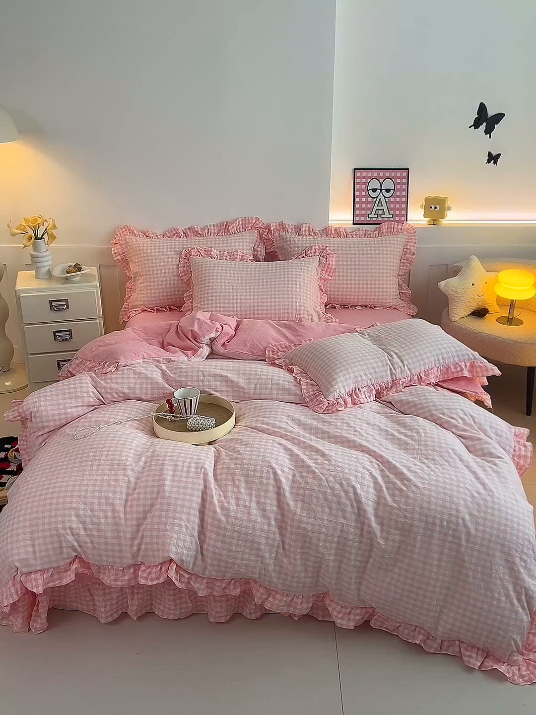 91家纺网 家纺一手货源 找家纺 珂博家纺 2025新款韩版花边四件套纯棉全棉水洗棉四件套 浅粉小格