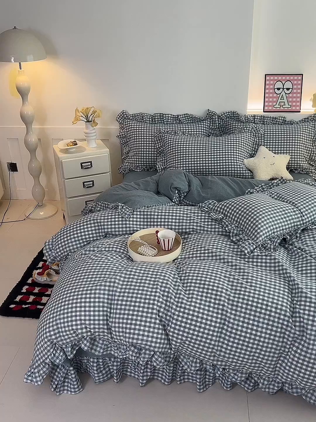 91家纺网 家纺一手货源 找家纺 珂博家纺 2025新款韩版花边四件套纯棉全棉水洗棉四件套 蓝小格