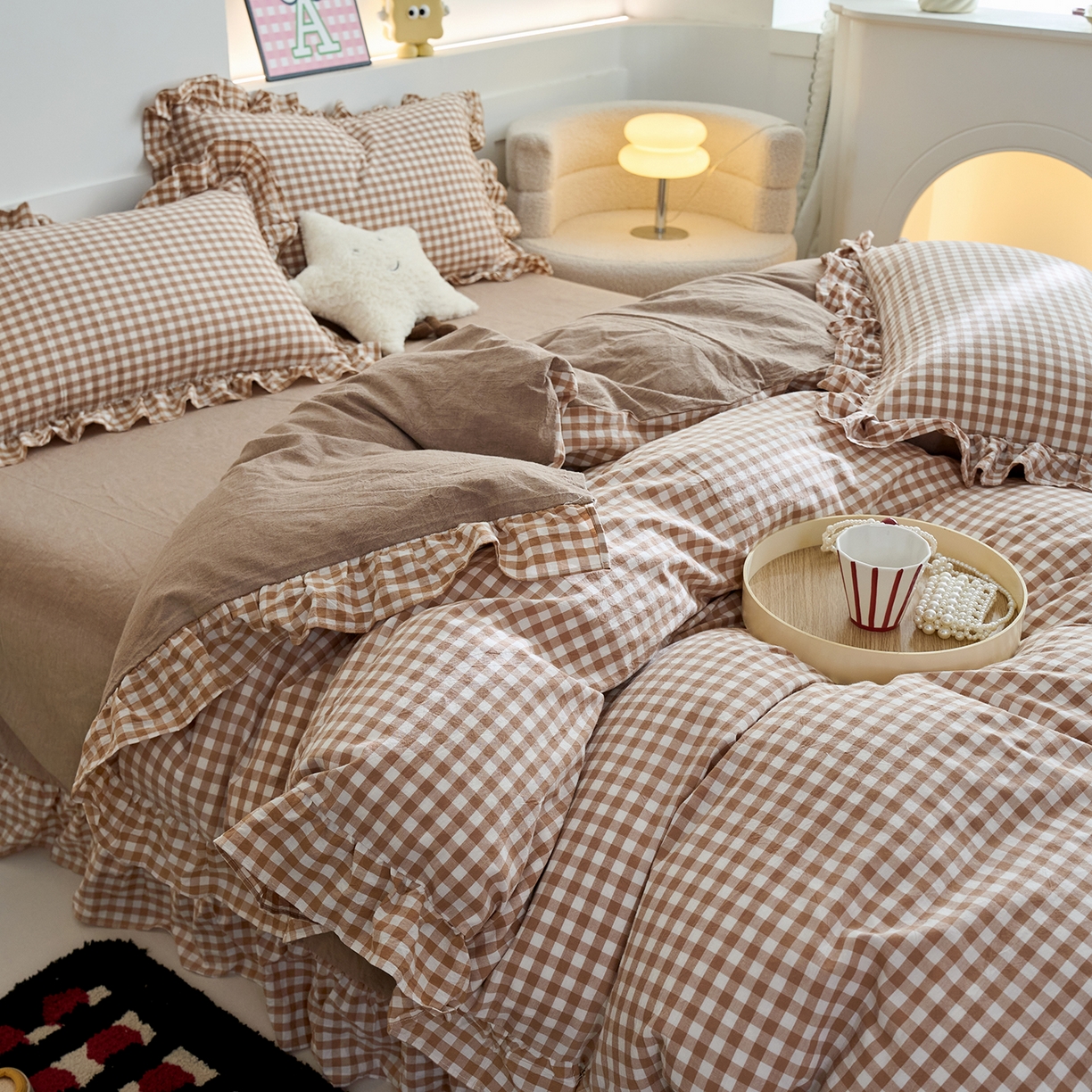 91家纺网 家纺一手货源 找家纺 珂博家纺 2025新款韩版花边四件套纯棉全棉水洗棉四件套 咖小格