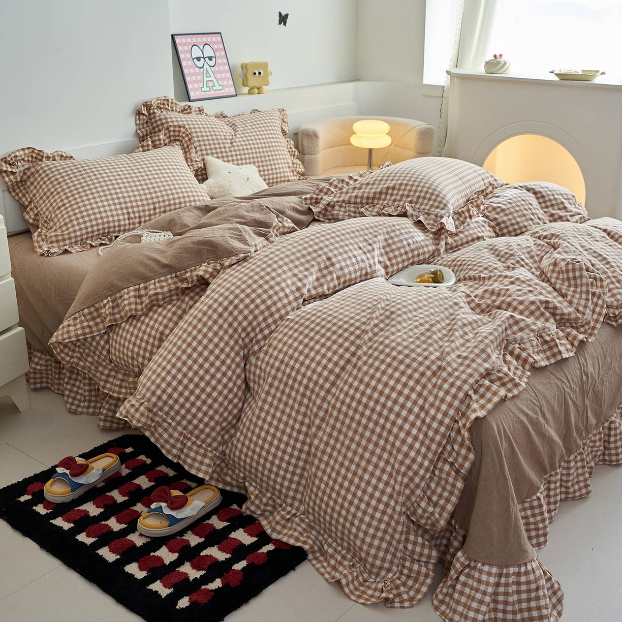 91家纺网 家纺一手货源 找家纺 珂博家纺 2025新款韩版花边四件套纯棉全棉水洗棉四件套 咖小格