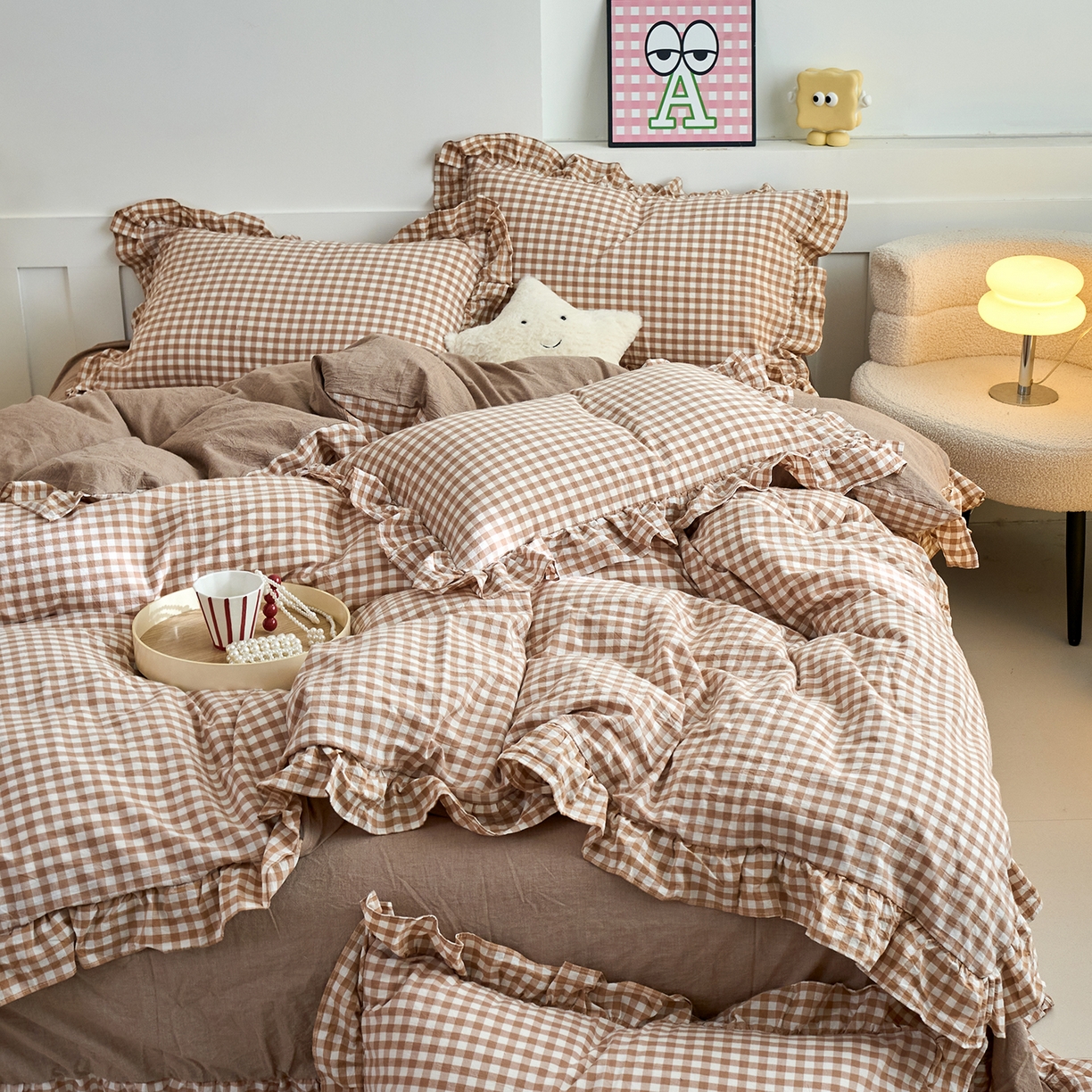 91家纺网 家纺一手货源 找家纺 珂博家纺 2025新款韩版花边四件套纯棉全棉水洗棉四件套 咖小格