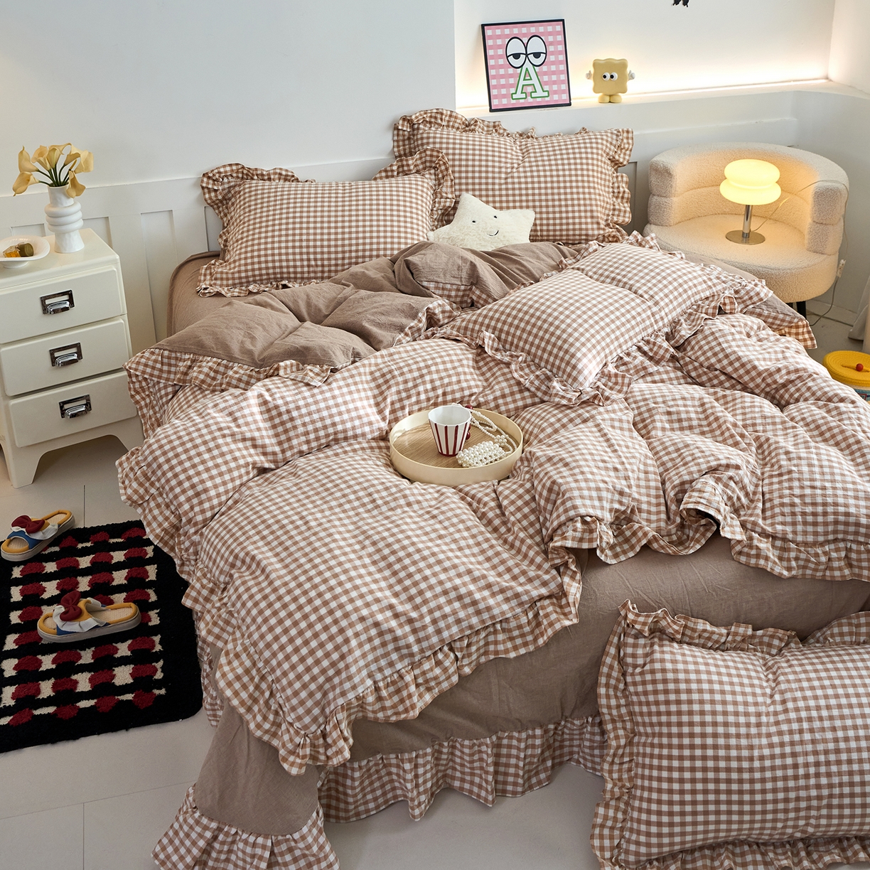 91家纺网 家纺一手货源 找家纺 珂博家纺 2025新款韩版花边四件套纯棉全棉水洗棉四件套 咖小格