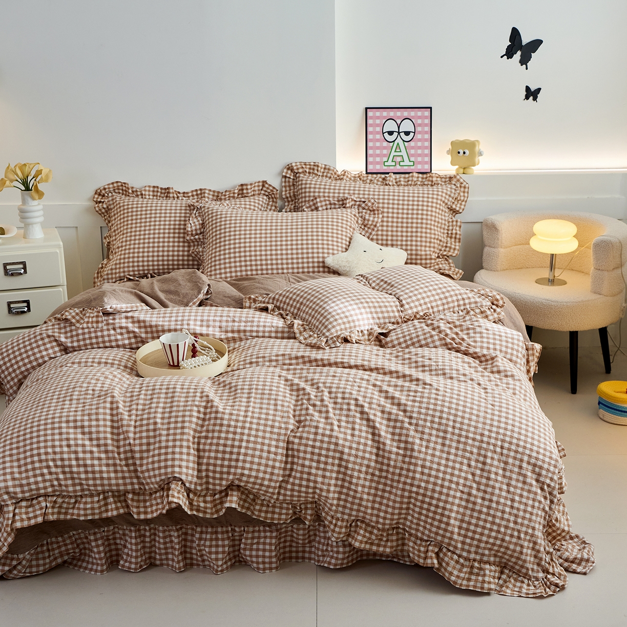 91家纺网 家纺一手货源 找家纺 珂博家纺 2025新款韩版花边四件套纯棉全棉水洗棉四件套 咖小格