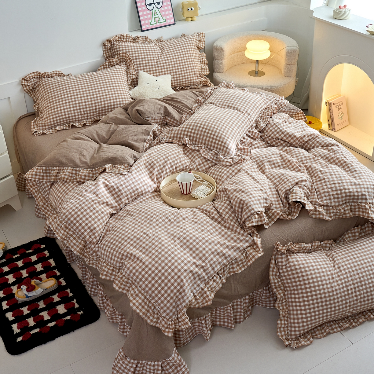 91家纺网 家纺一手货源 找家纺 珂博家纺 2025新款韩版花边四件套纯棉全棉水洗棉四件套 咖小格